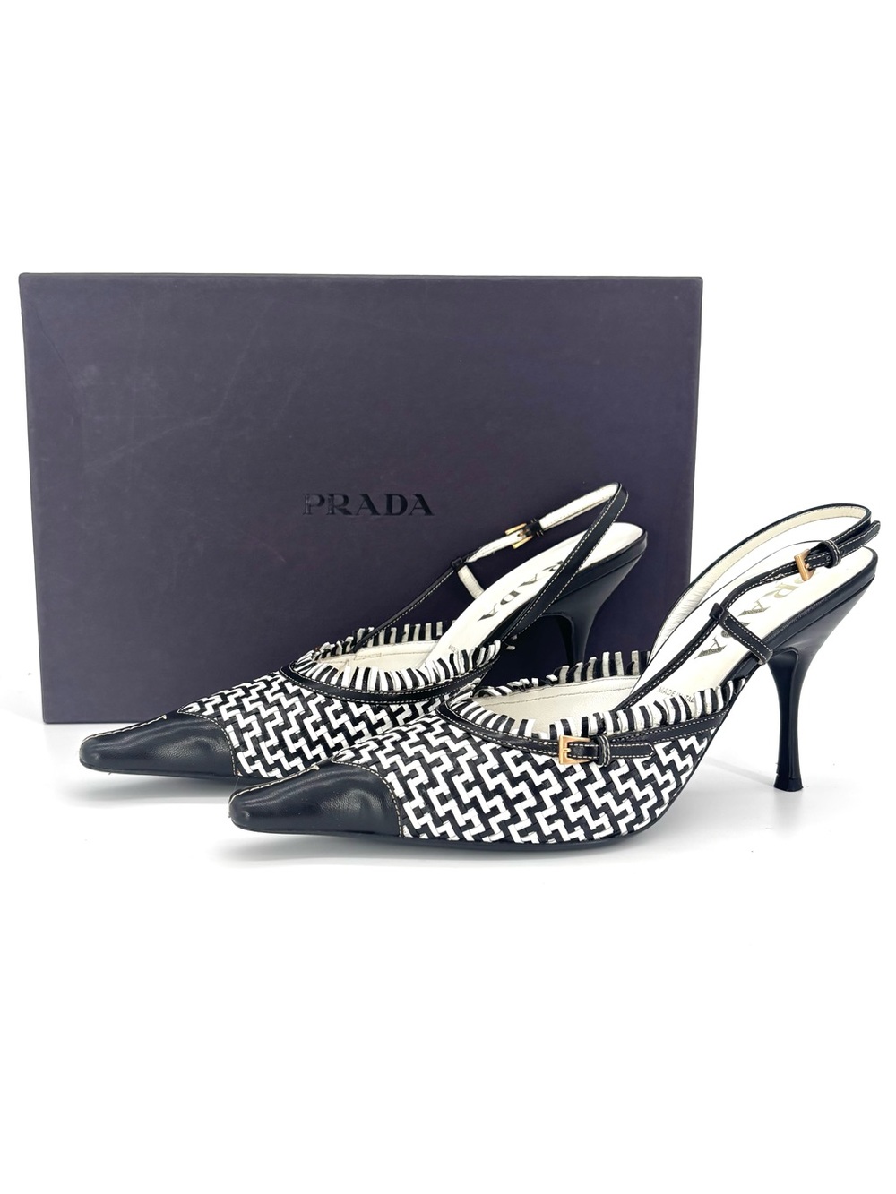 Prada Retro Vintage Cap Toe Mini Buckle Fringe Embellished Slingback Pumps 37 - Picture 2 of 9